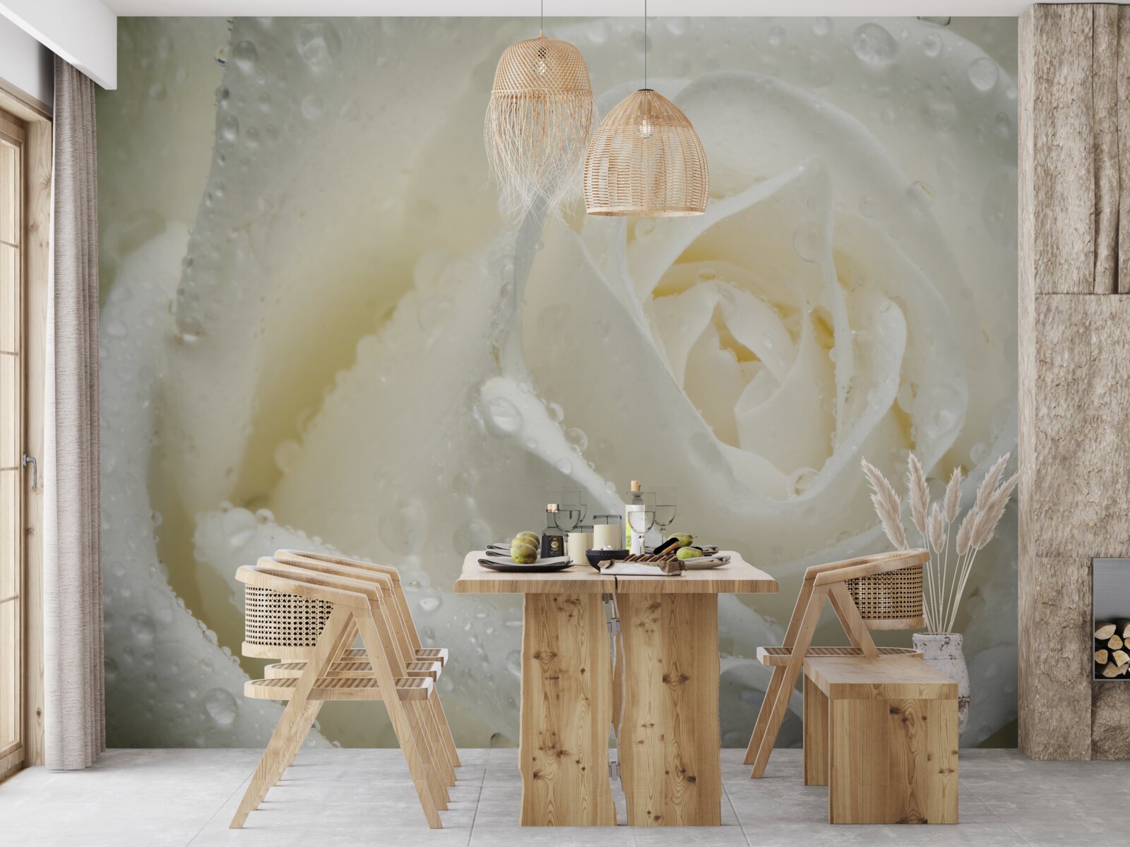 Fototapeta biela ruža pokrytá rannou rosou