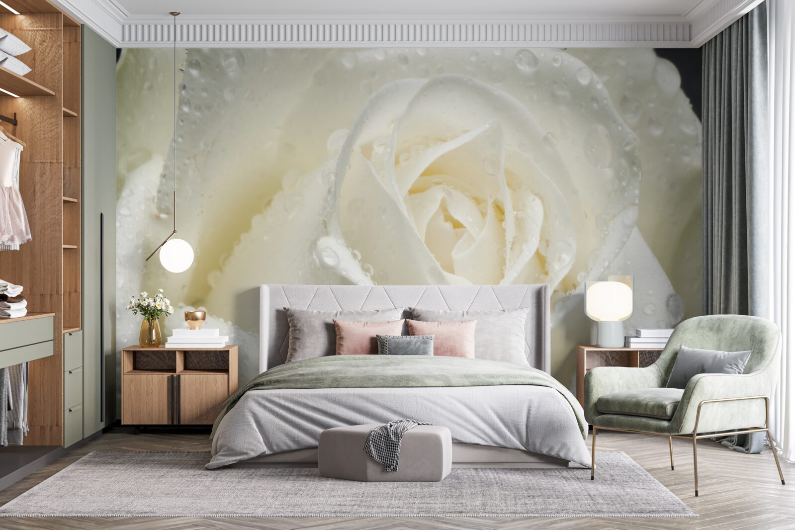 Fototapeta biela ruža pokrytá rannou rosou