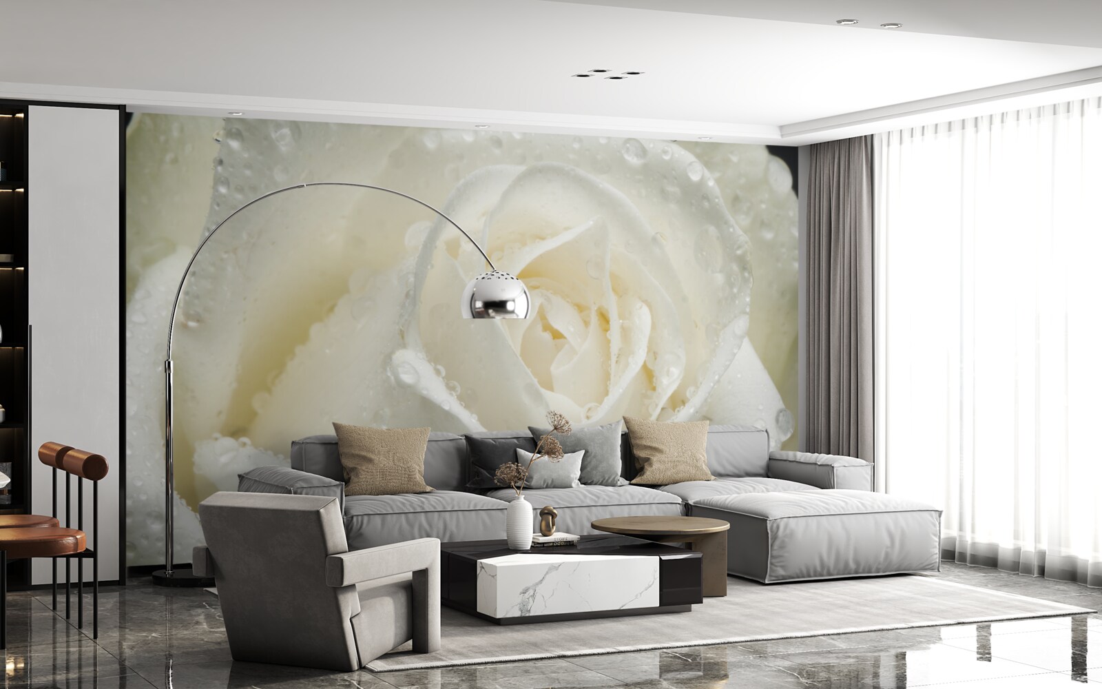 Fototapeta biela ruža pokrytá rannou rosou