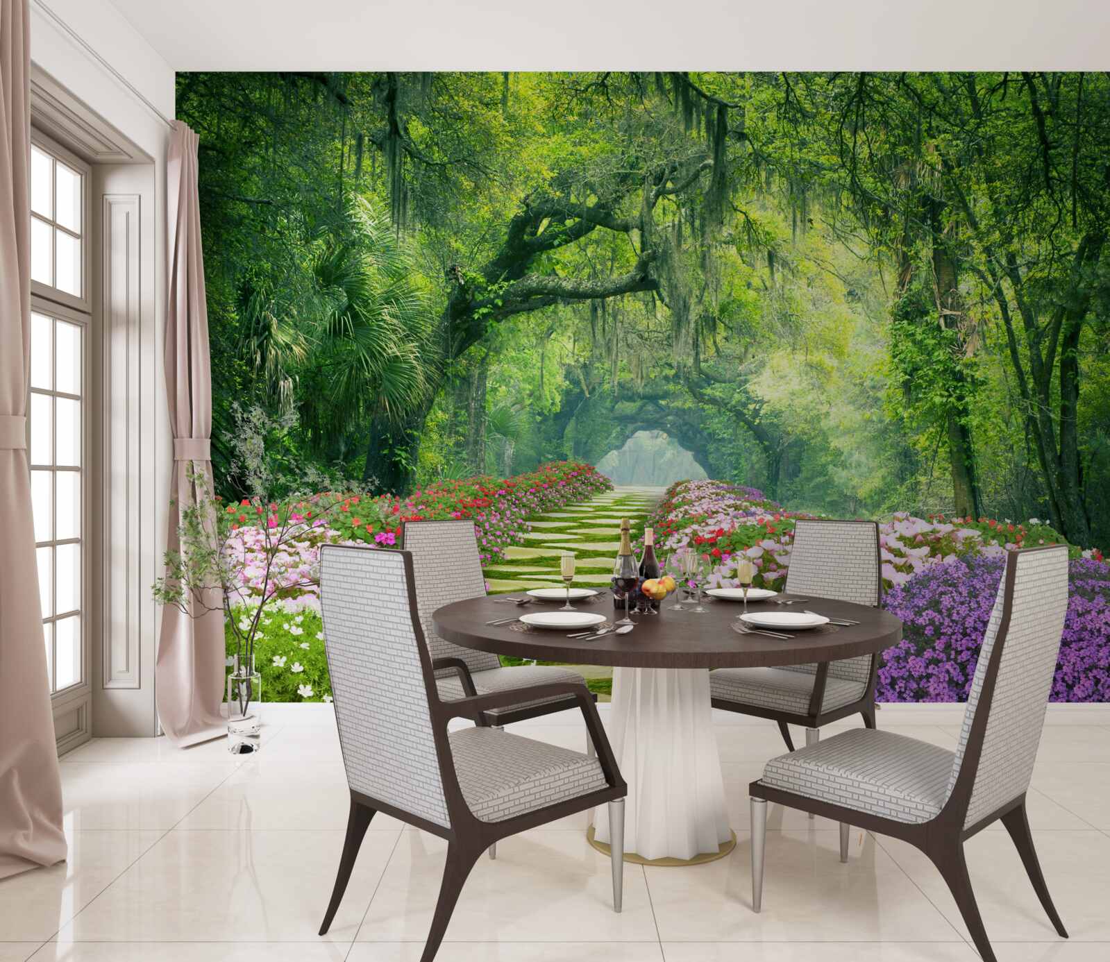 Fototapeta Cesta obklopená kvetmi, ktorá vedie do zelenej húštiny lesa