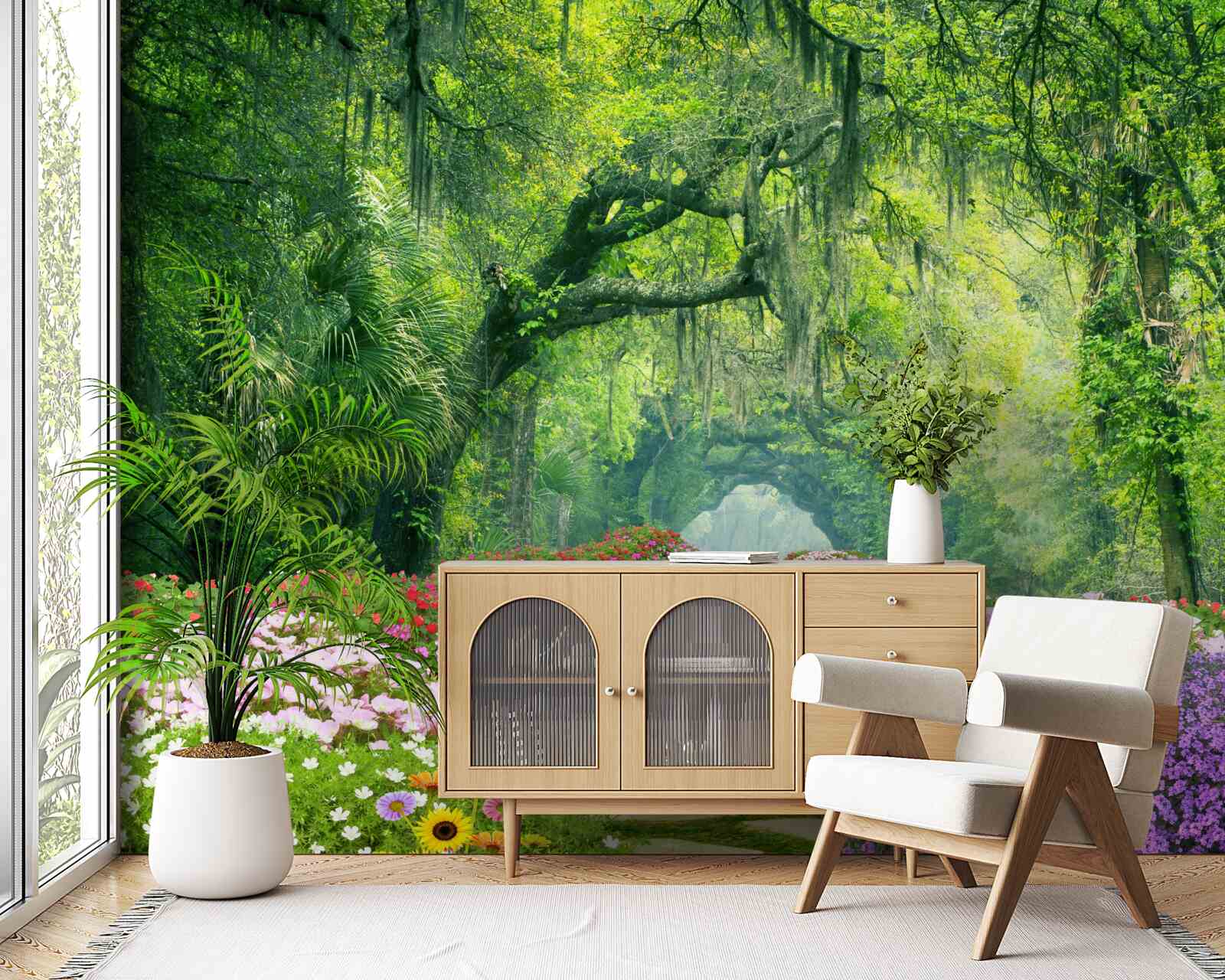 Fototapeta Cesta obklopená kvetmi, ktorá vedie do zelenej húštiny lesa