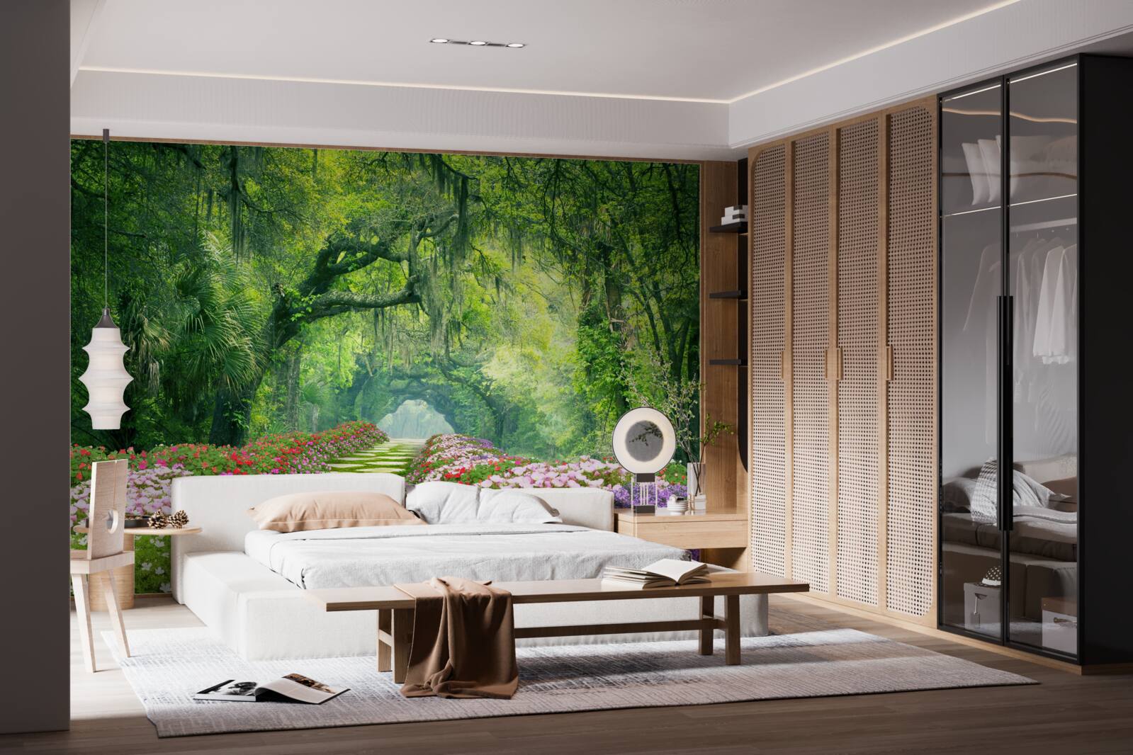 Fototapeta Cesta obklopená kvetmi, ktorá vedie do zelenej húštiny lesa