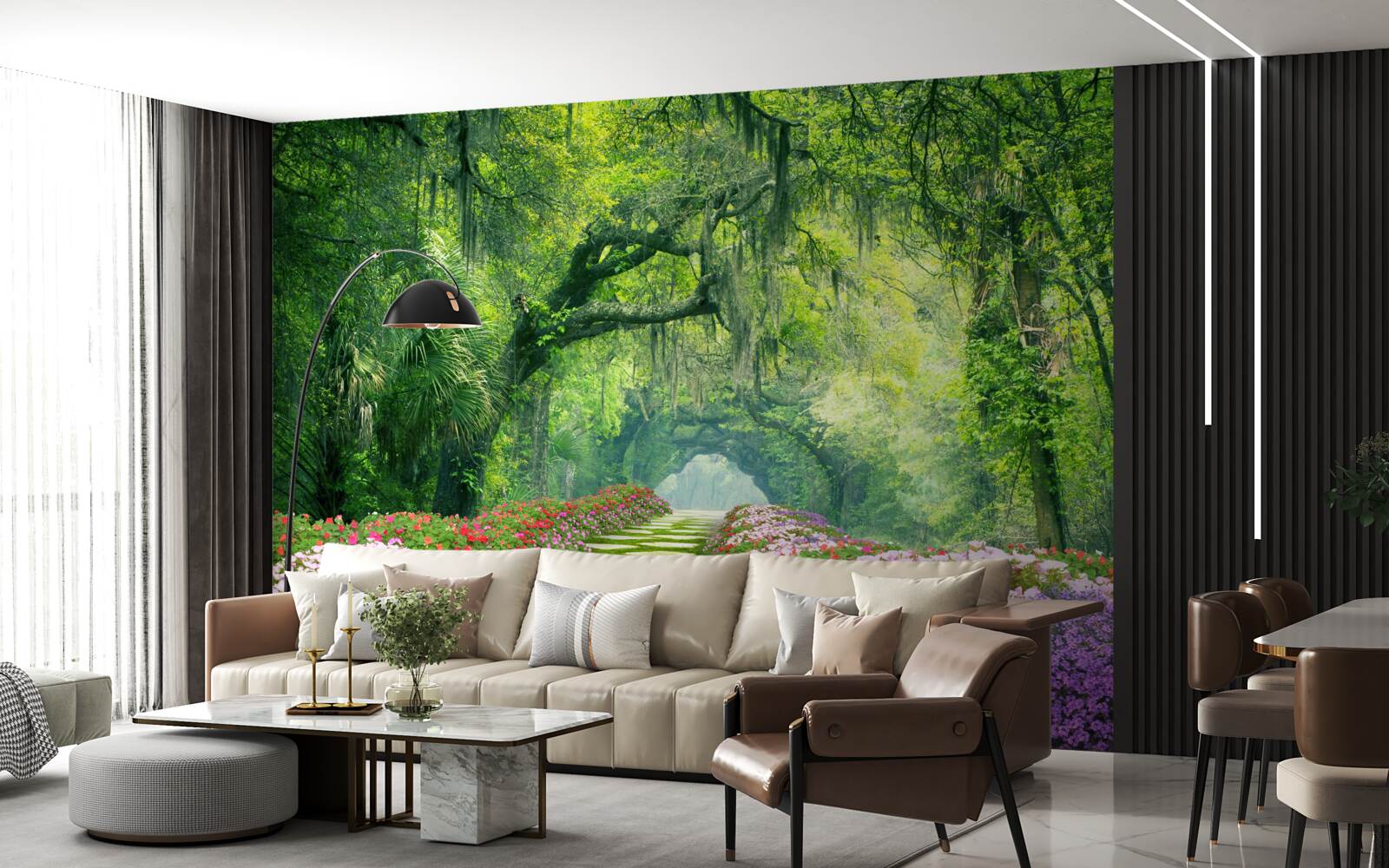 Fototapeta Cesta obklopená kvetmi, ktorá vedie do zelenej húštiny lesa