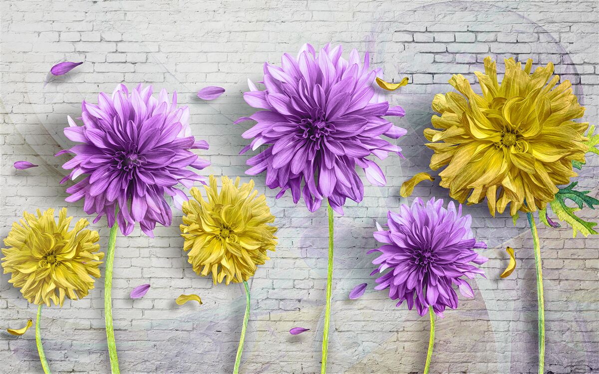 Fototapeta na tehlovej stene kvitnú kvety v odtieňoch fialovej a žltej