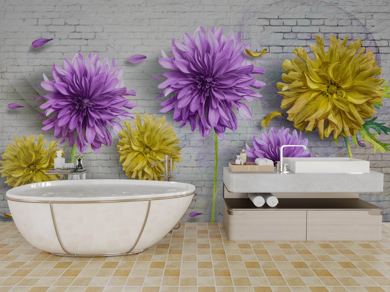 Fototapeta na tehlovej stene kvitnú kvety v odtieňoch fialovej a žltej