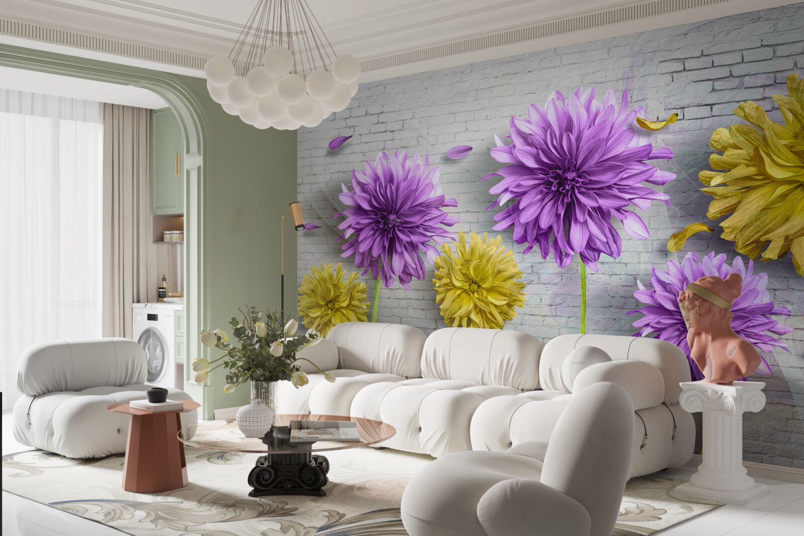 Fototapeta na tehlovej stene kvitnú kvety v odtieňoch fialovej a žltej