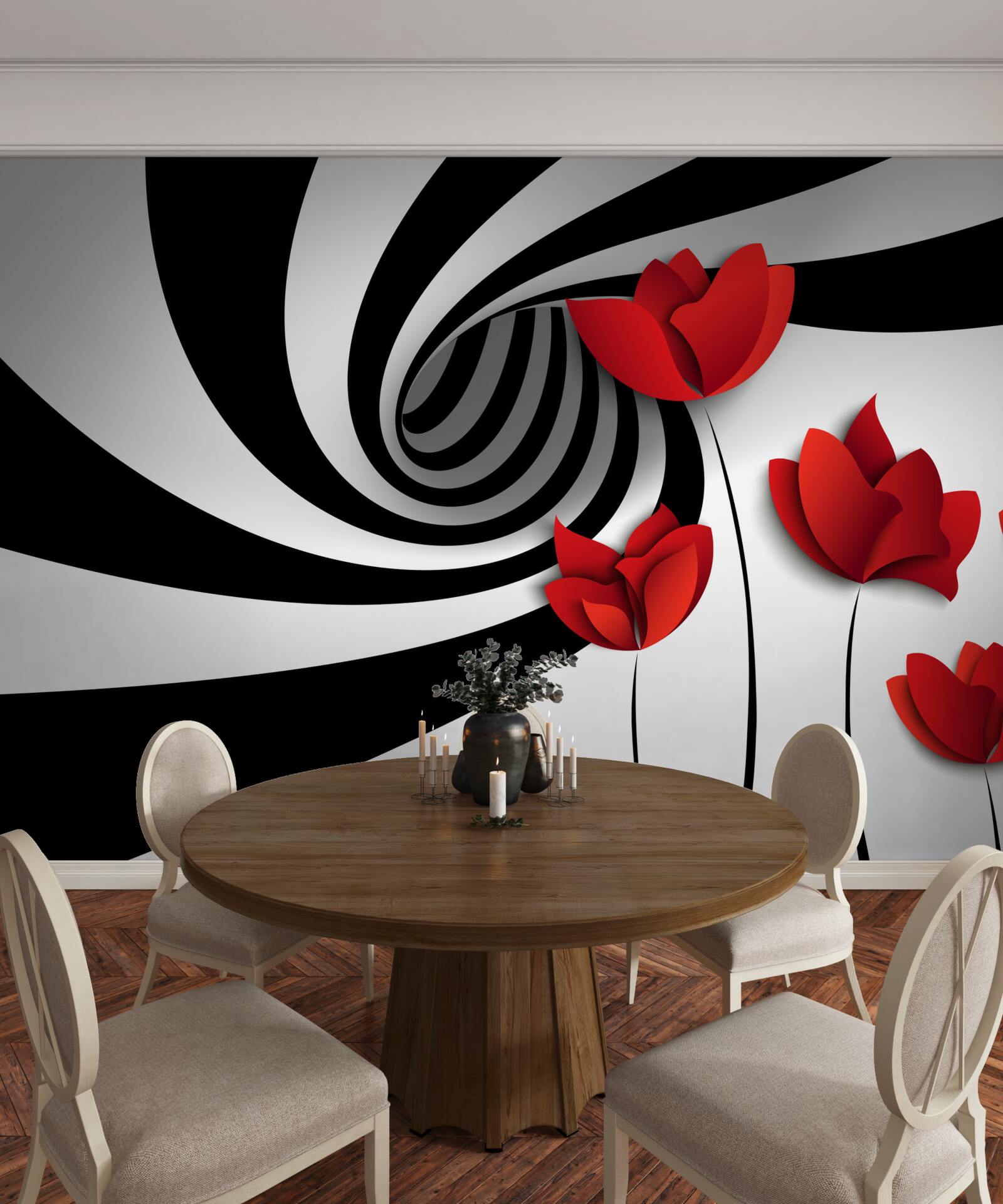 Fototapeta čiernobiely tunel a paseka šarlátových makov