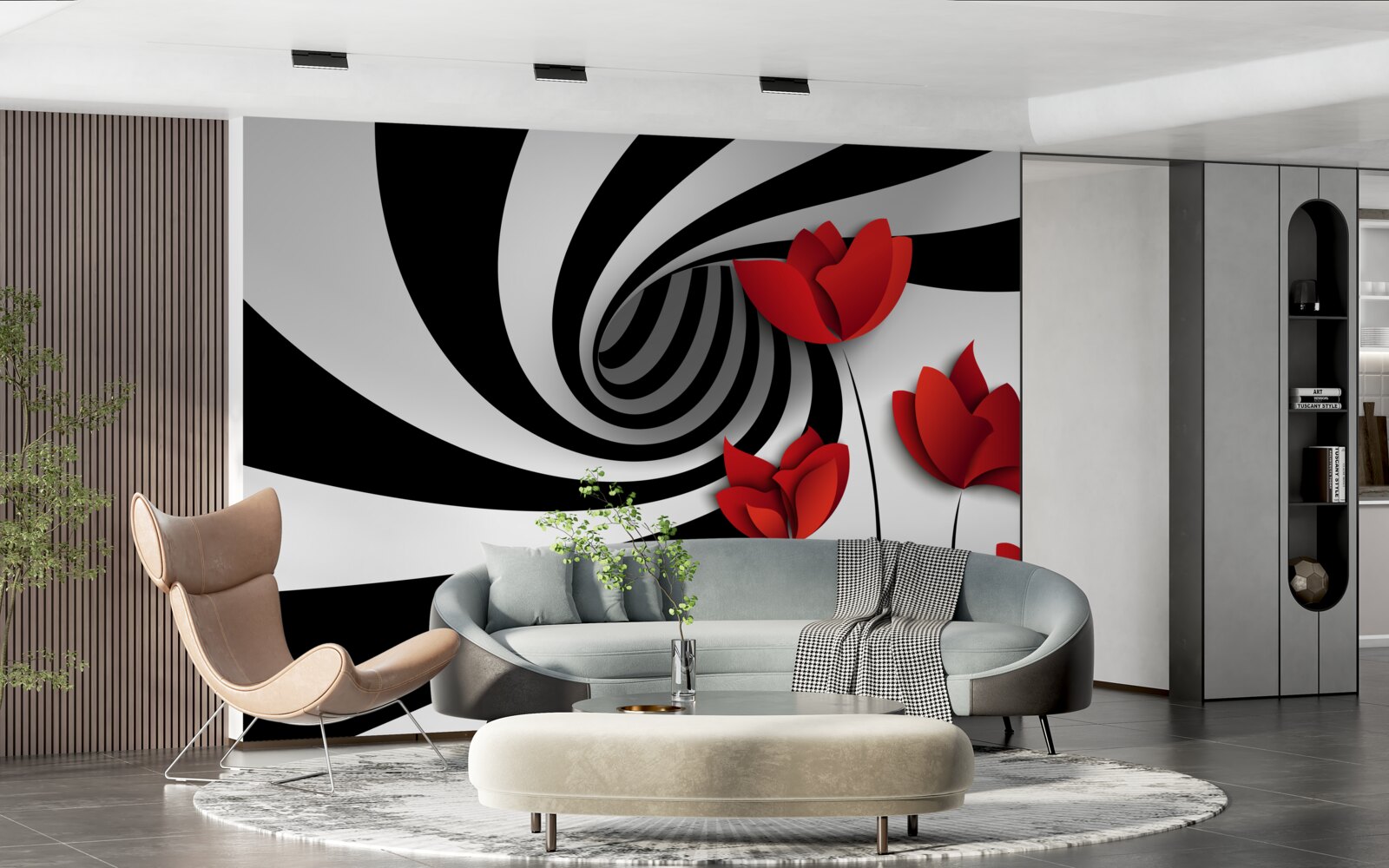 Fototapeta čiernobiely tunel a paseka šarlátových makov