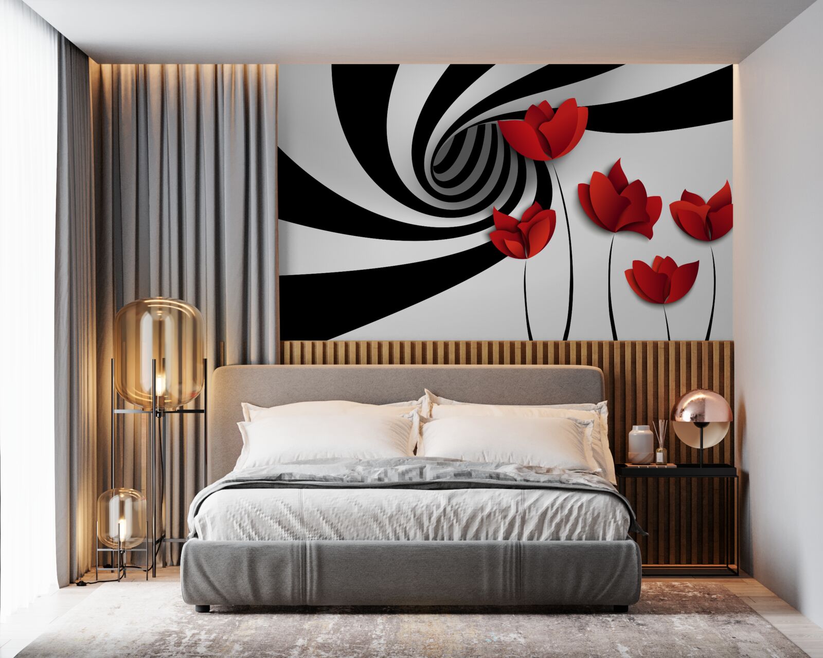 Fototapeta čiernobiely tunel a paseka šarlátových makov