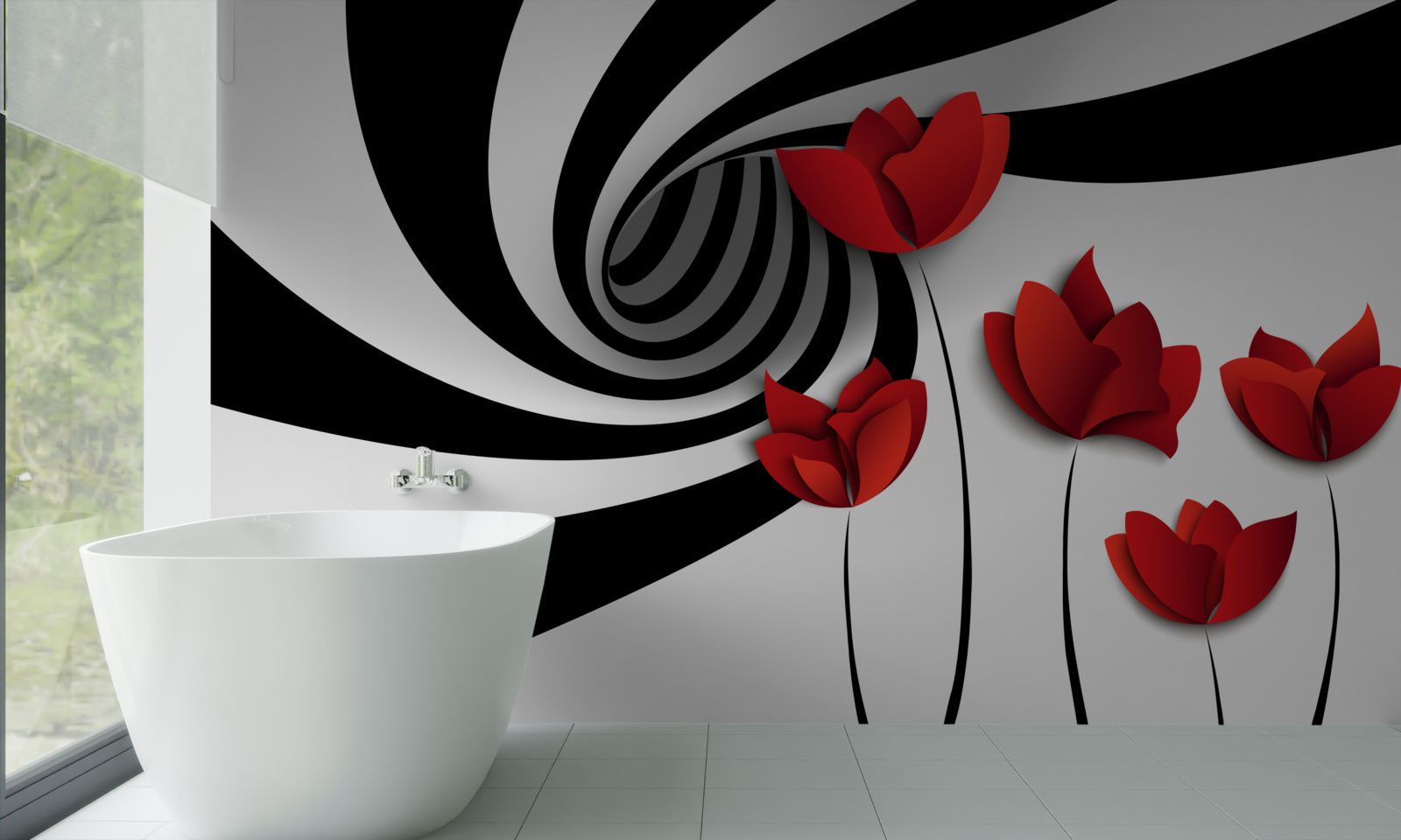 Fototapeta čiernobiely tunel a paseka šarlátových makov