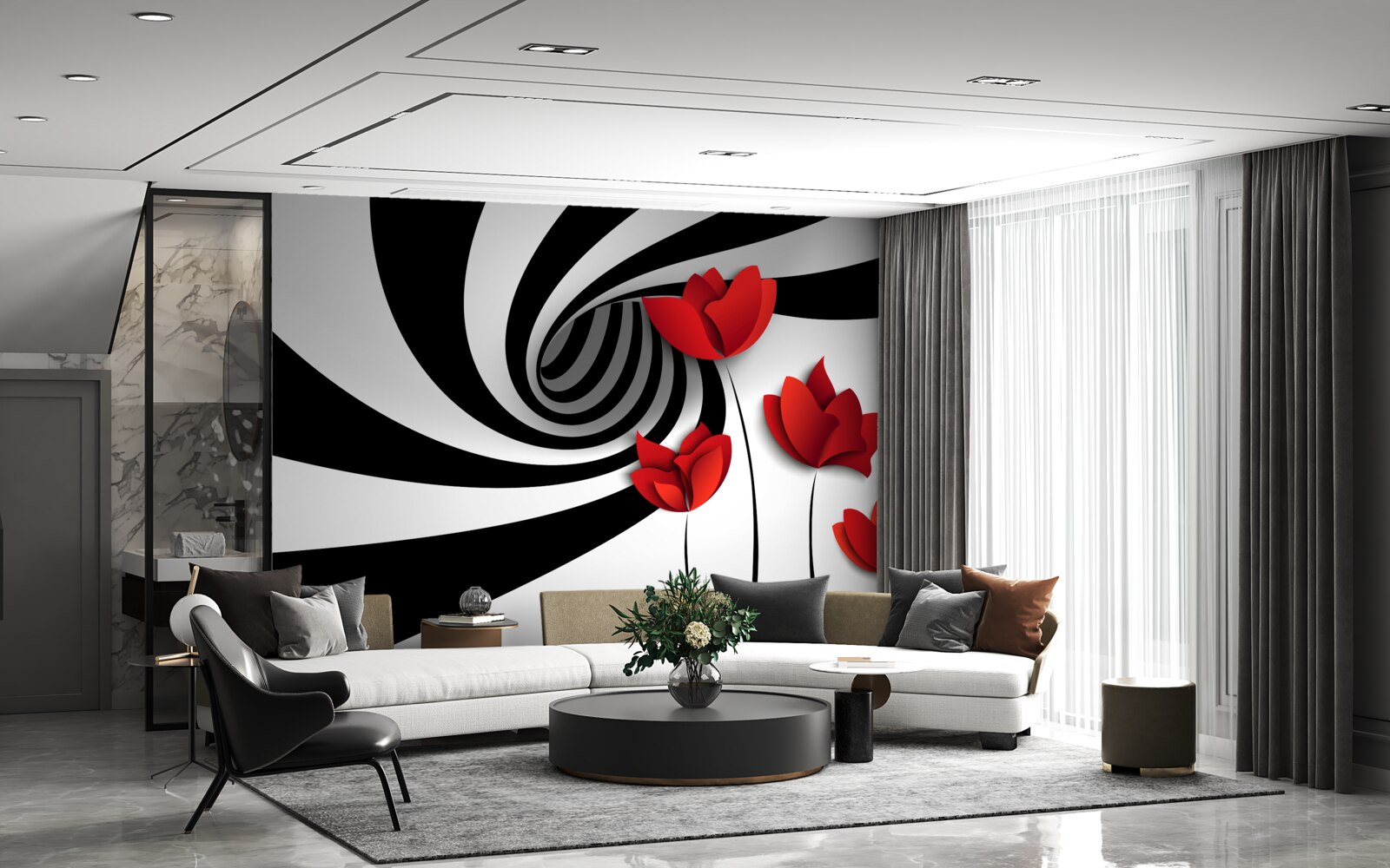 Fototapeta čiernobiely tunel a paseka šarlátových makov