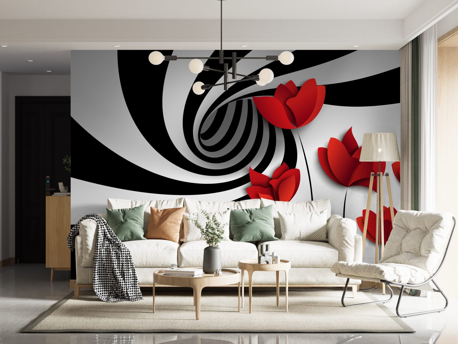 Fototapeta čiernobiely tunel a paseka šarlátových makov