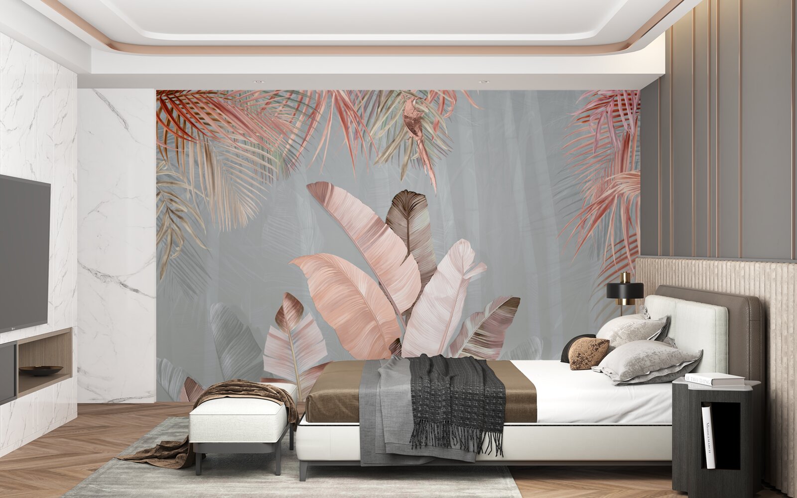 Fototapeta tropické listy s jemným ružovým odtieňom