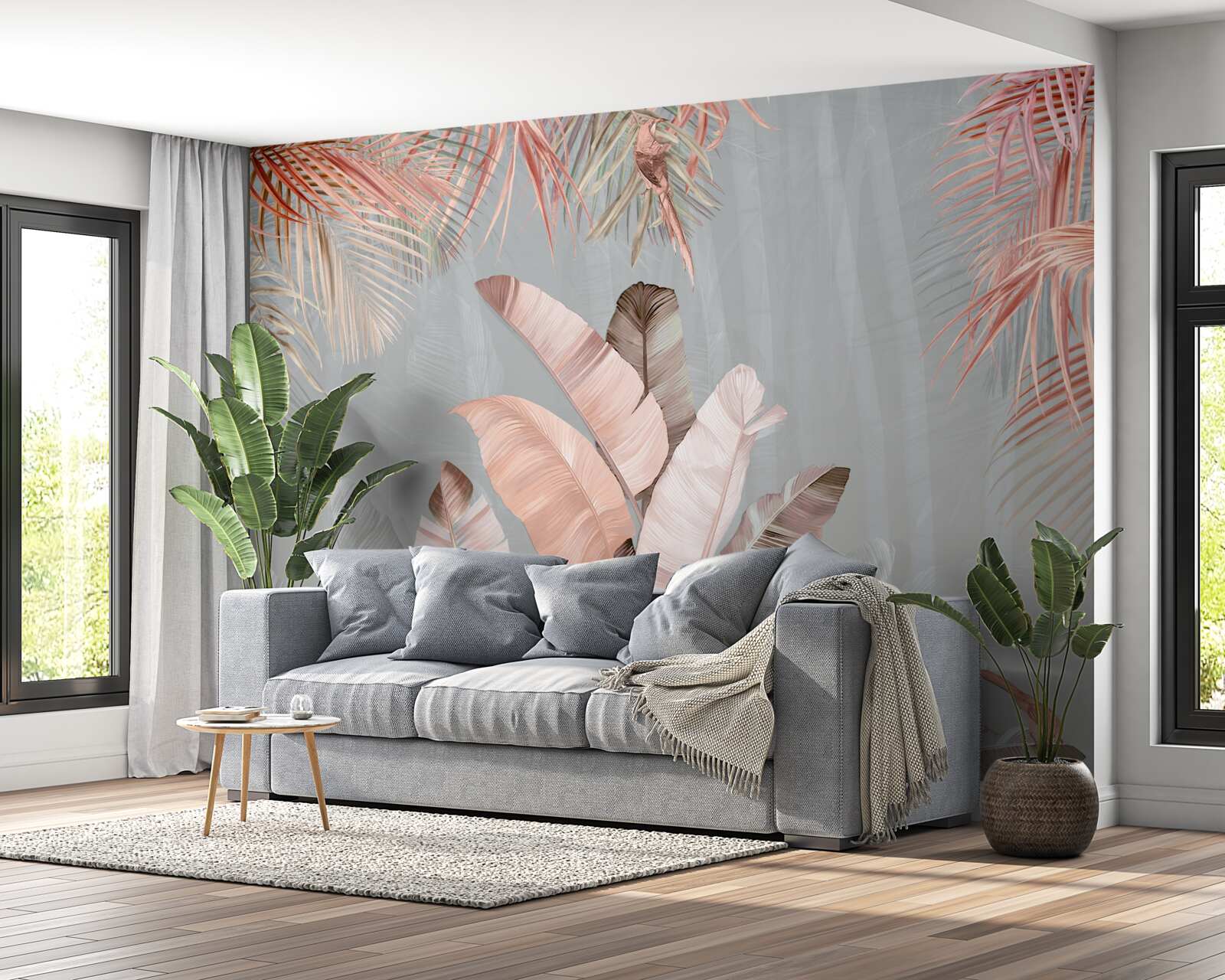 Fototapeta tropické listy s jemným ružovým odtieňom