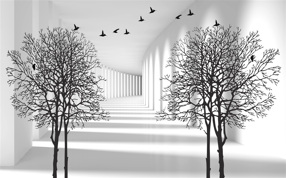 Fototapeta vtáky lietajúce na juh a holé stromy na jeseň