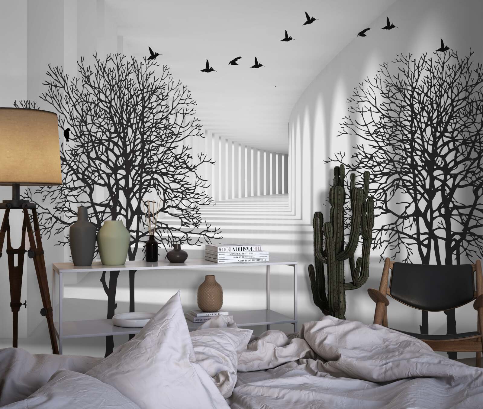 Fototapeta vtáky lietajúce na juh a holé stromy na jeseň