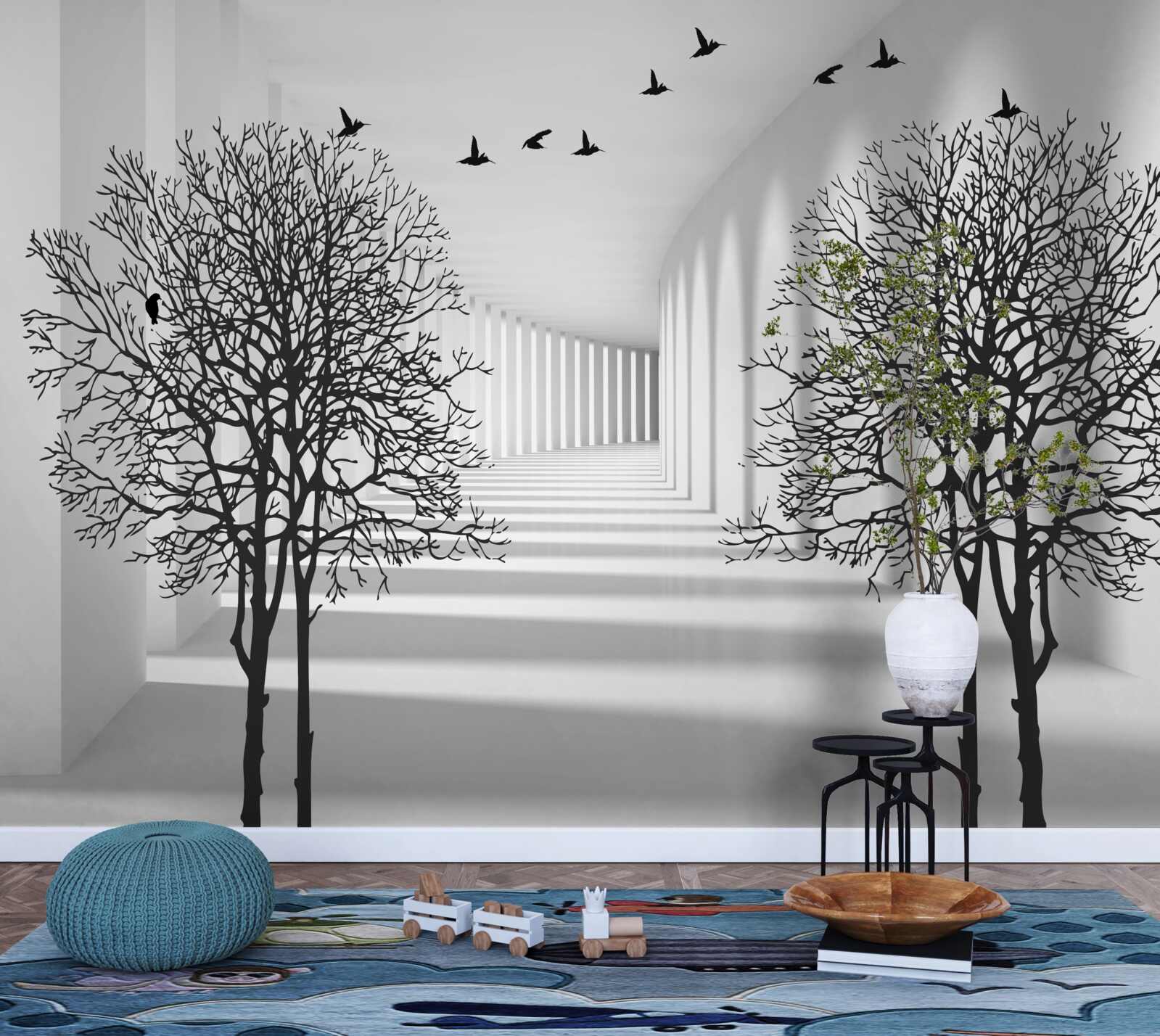 Fototapeta vtáky lietajúce na juh a holé stromy na jeseň