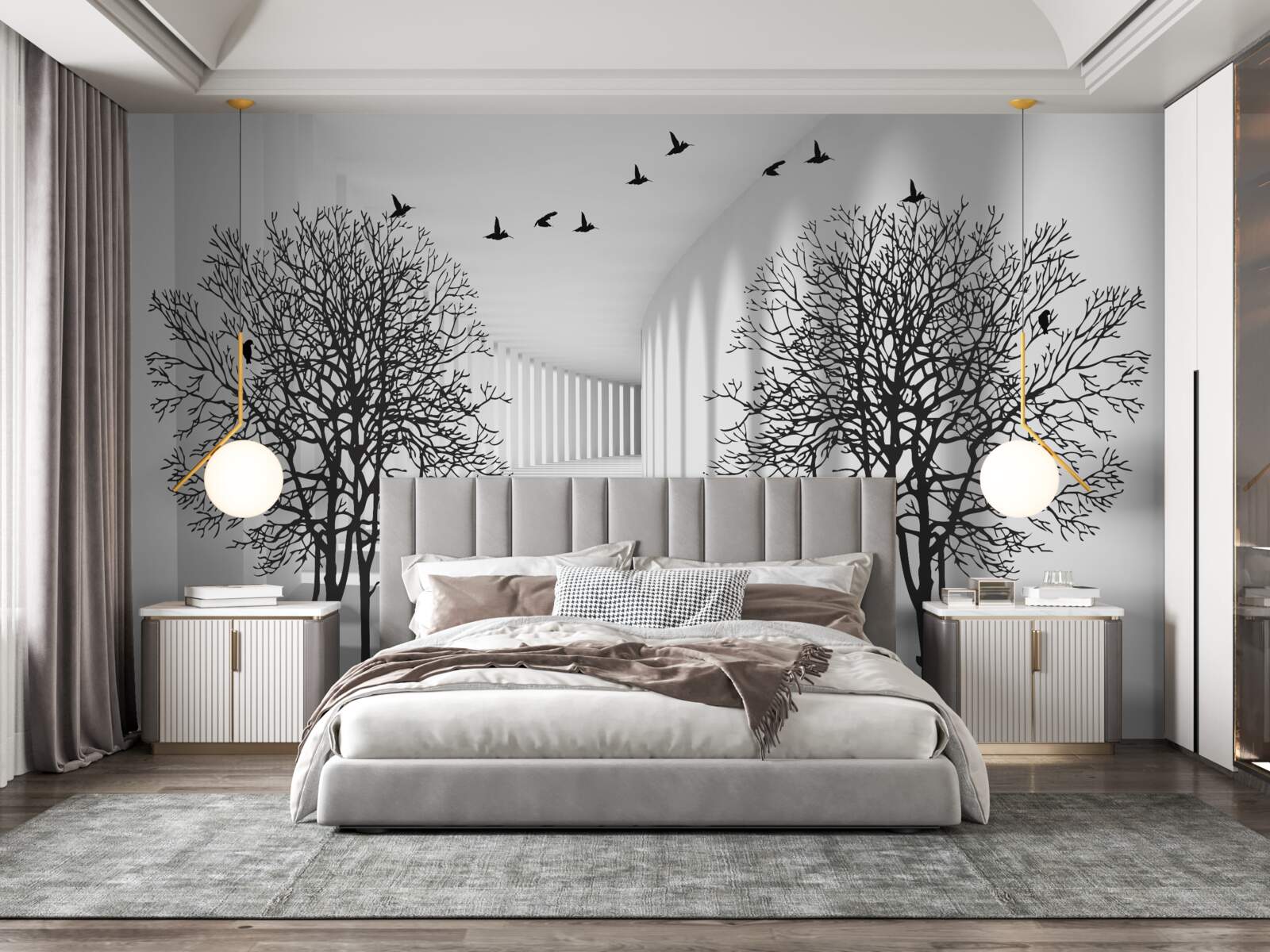 Fototapeta vtáky lietajúce na juh a holé stromy na jeseň