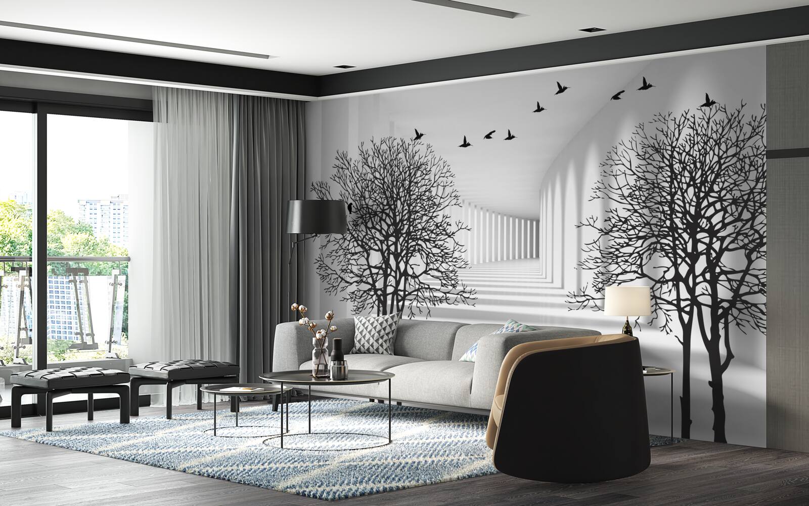 Fototapeta vtáky lietajúce na juh a holé stromy na jeseň