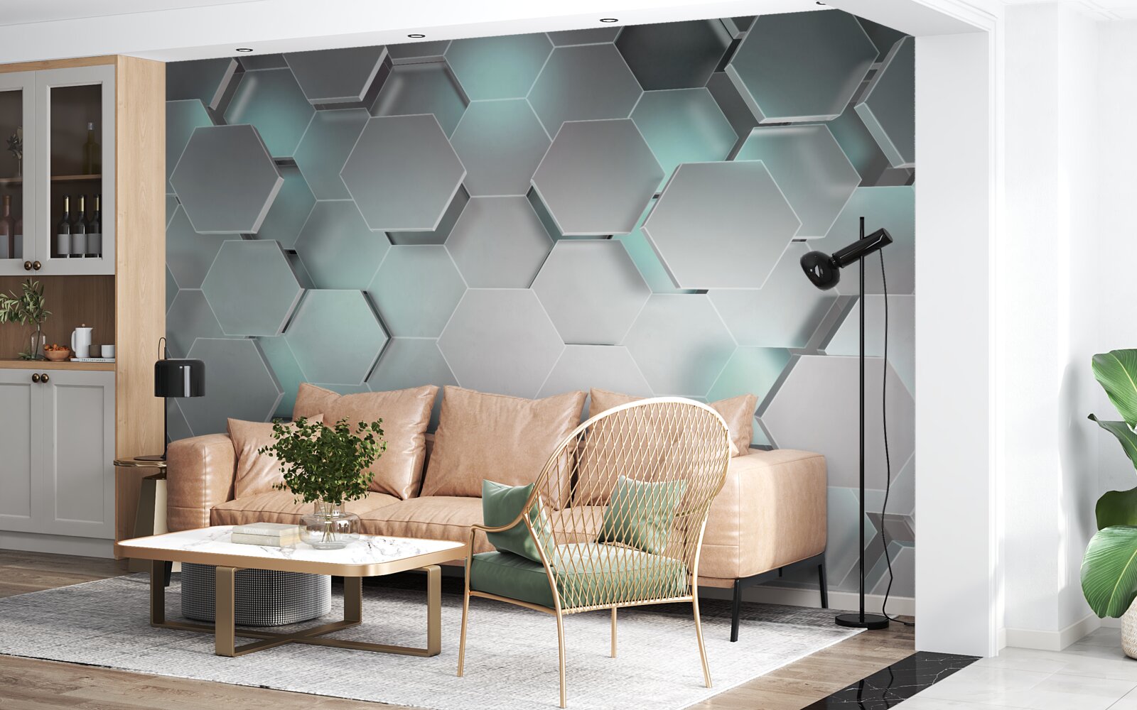 Fototapeta svetlo vyžarujúce šesťuholníky vznášajúce sa vo vzduchu