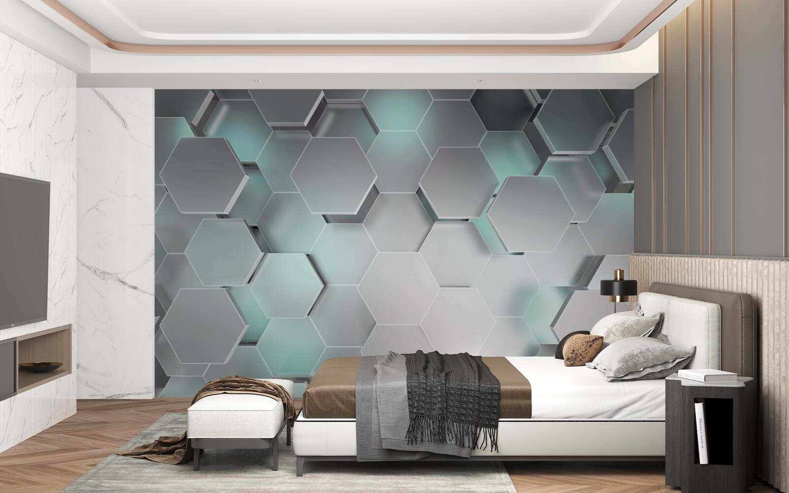 Fototapeta svetlo vyžarujúce šesťuholníky vznášajúce sa vo vzduchu