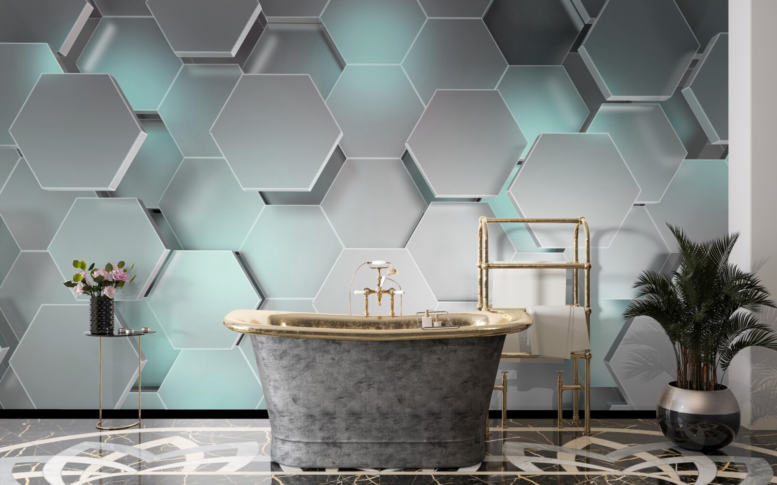 Fototapeta svetlo vyžarujúce šesťuholníky vznášajúce sa vo vzduchu