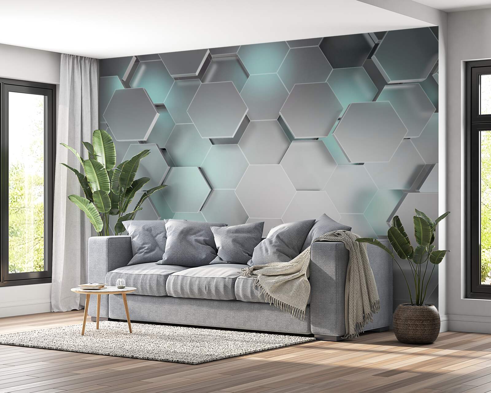 Fototapeta svetlo vyžarujúce šesťuholníky vznášajúce sa vo vzduchu