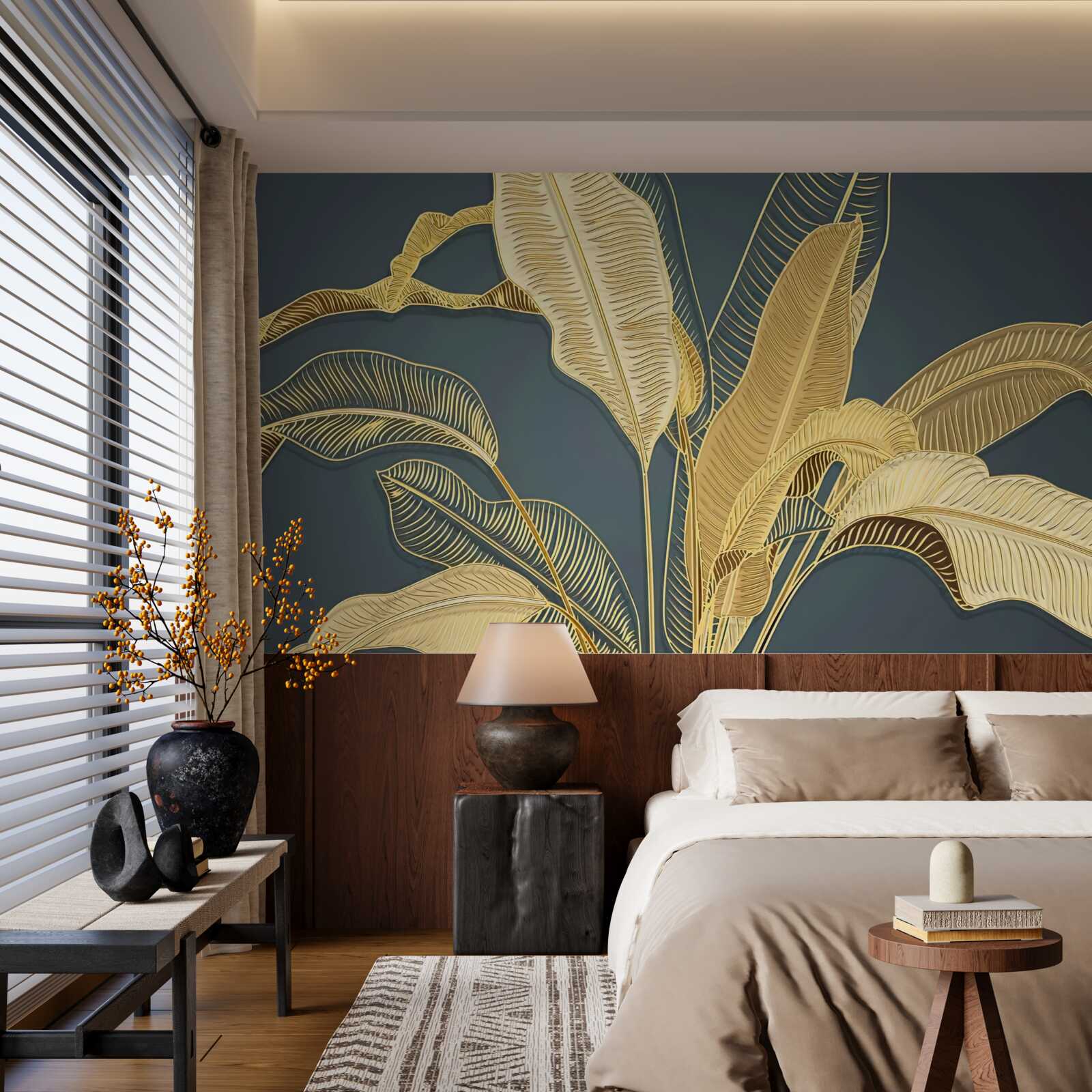 Fototapeta pierkové listy z bronzu v kvetinovom aranžmáne