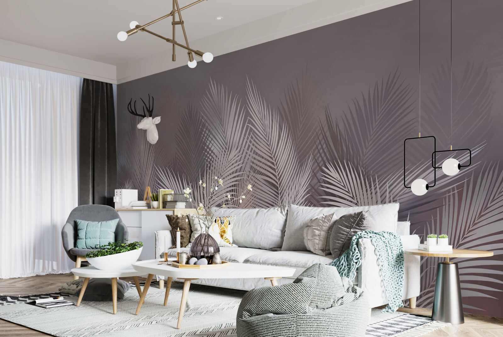 Fototapeta zahmlené pozadie dodáva bielym tropickým listom jedinečnú atmosféru