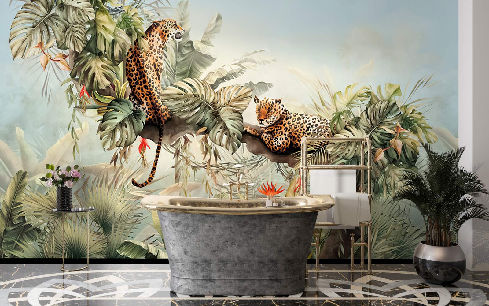 Fototapeta za úsvitu sa leopardy ukrývajú na strome