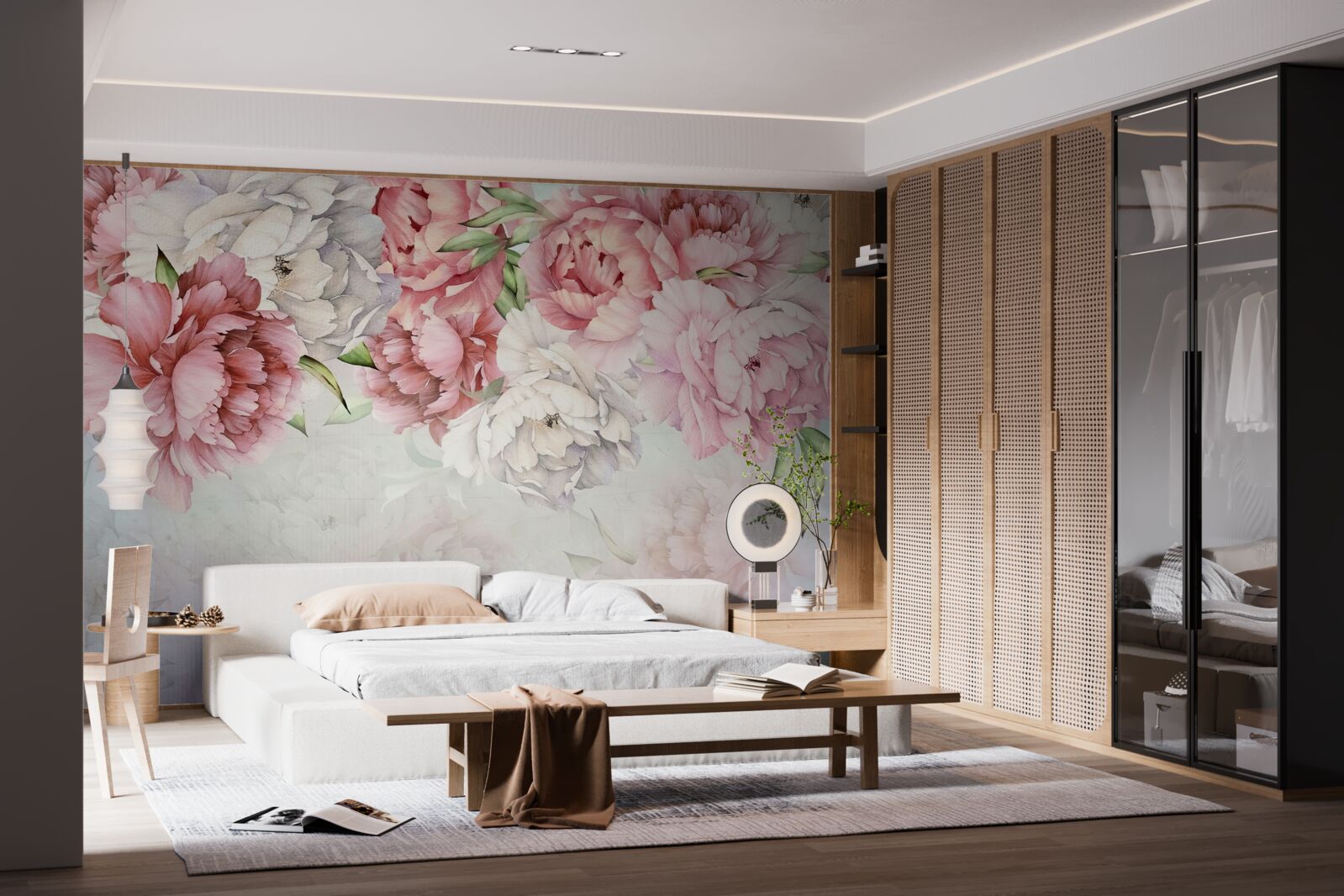 Fototapeta svetlý podklad zdobia jemné kvietky v ružových tónoch