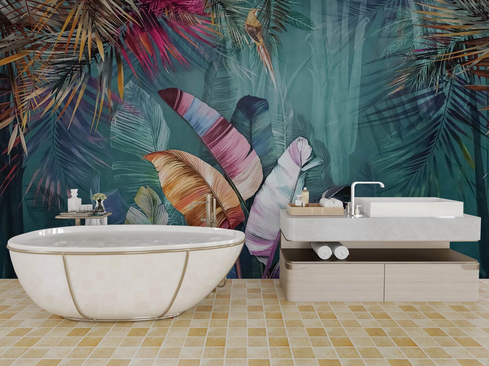 Fototapeta úžasná sada listov tropických stromov maľovaných v jesenných odtieňoch