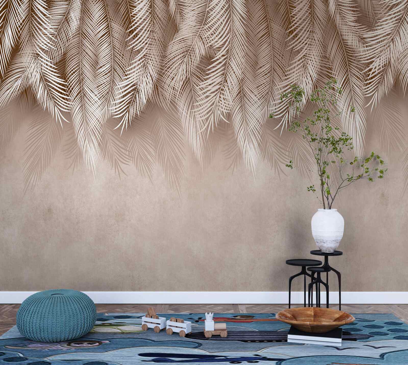 Fototapeta ružový podklad je zdobený bielymi palmovými listami