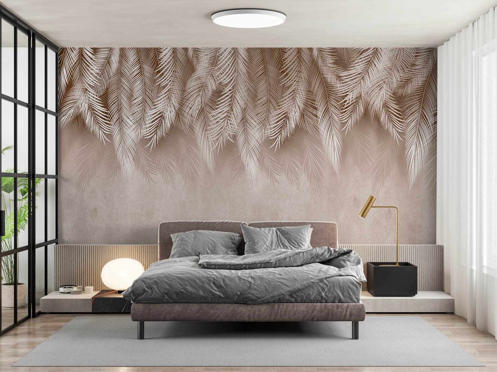 Fototapeta ružový podklad je zdobený bielymi palmovými listami