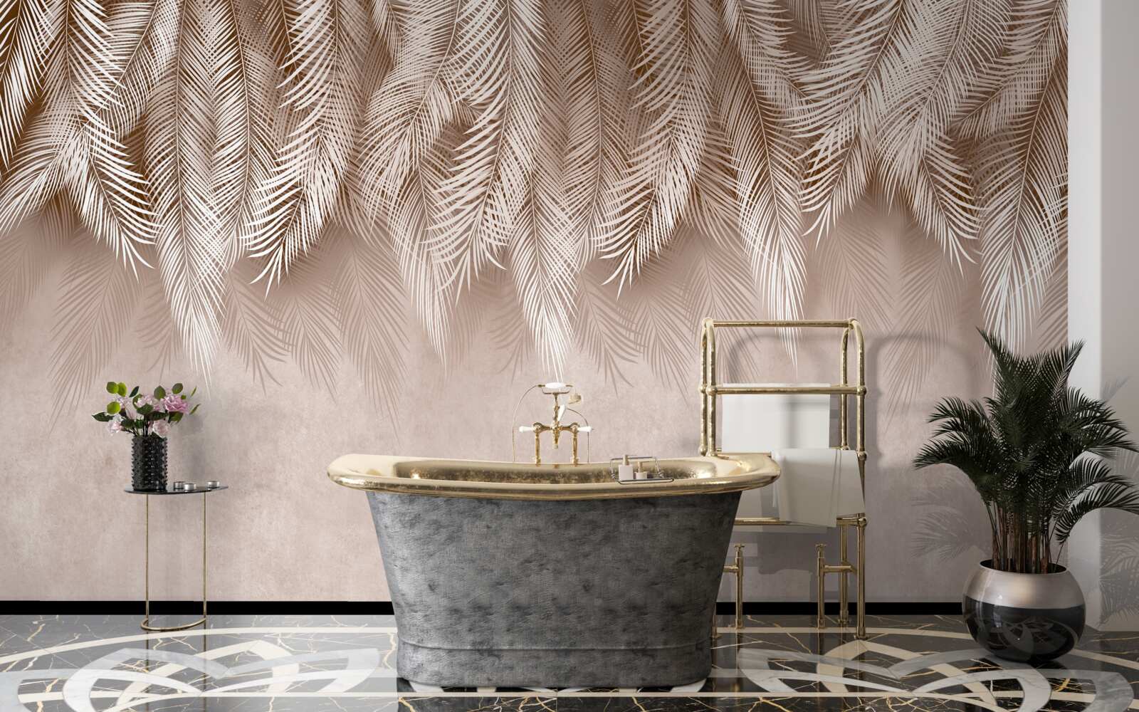 Fototapeta ružový podklad je zdobený bielymi palmovými listami