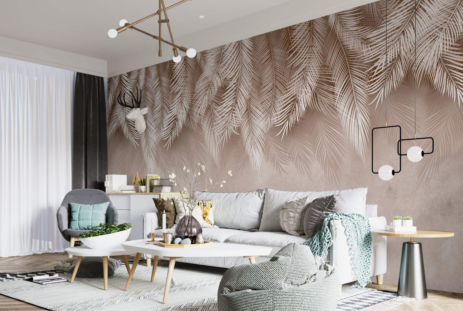 Fototapeta ružový podklad je zdobený bielymi palmovými listami