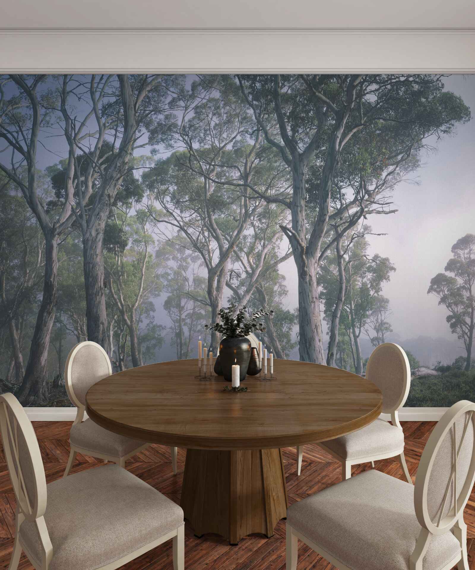 Fototapeta ráno sa prebúdza v hmlistom lese