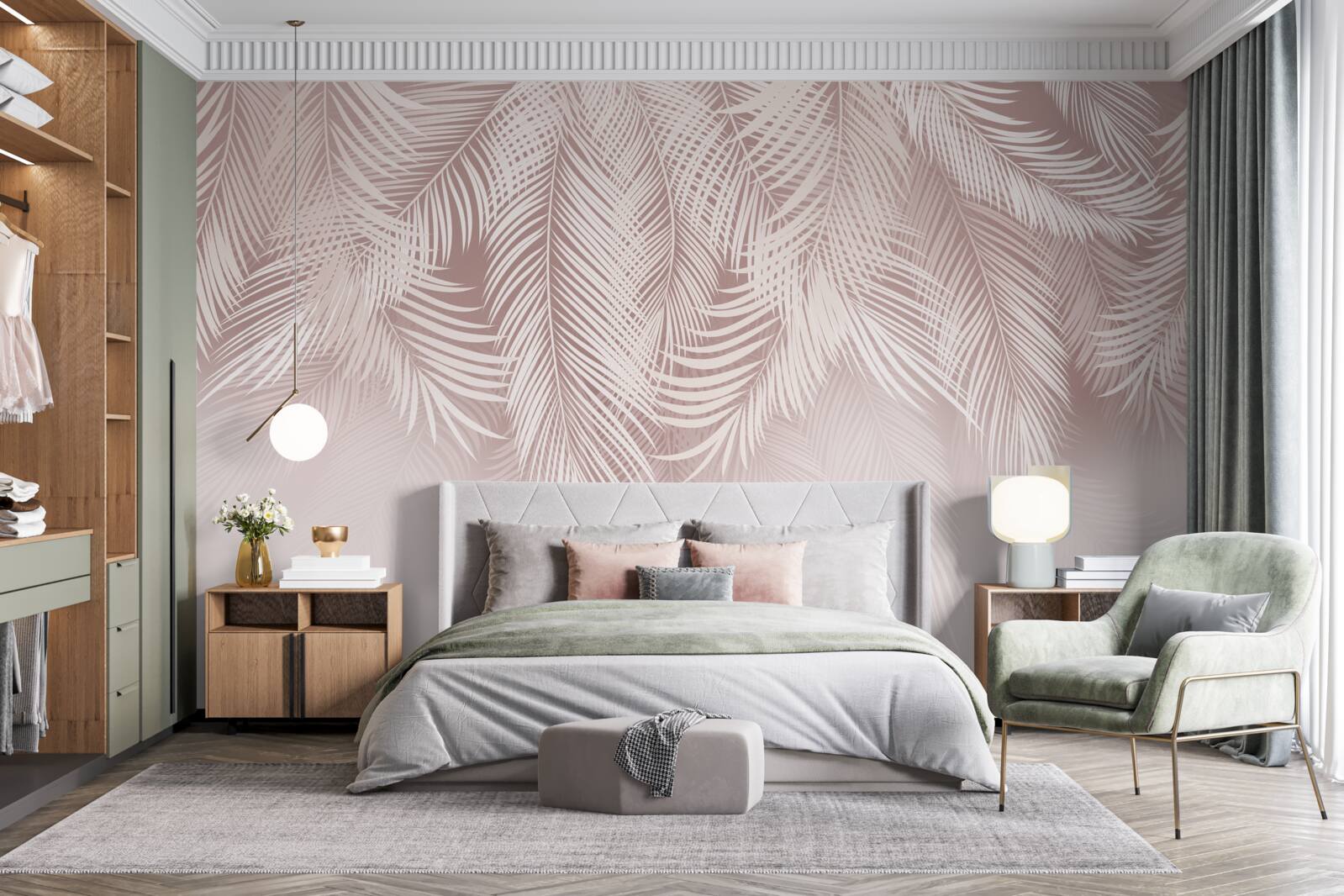 Fototapeta bledé palmové listy visia