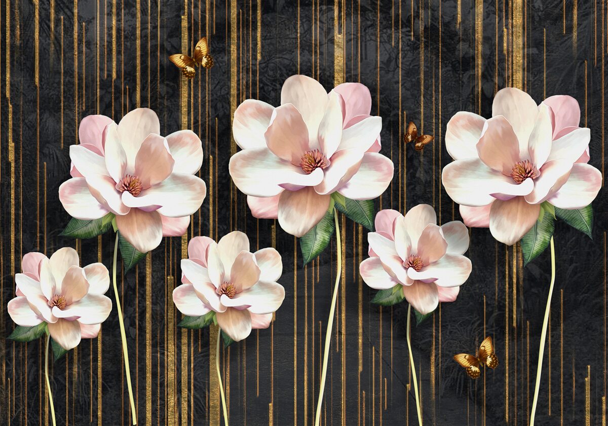 Fototapeta motýle a kvety na čiernom zlatom pozadí