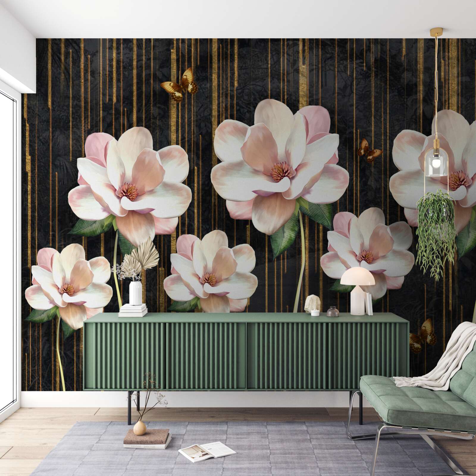 Fototapeta motýle a kvety na čiernom zlatom pozadí