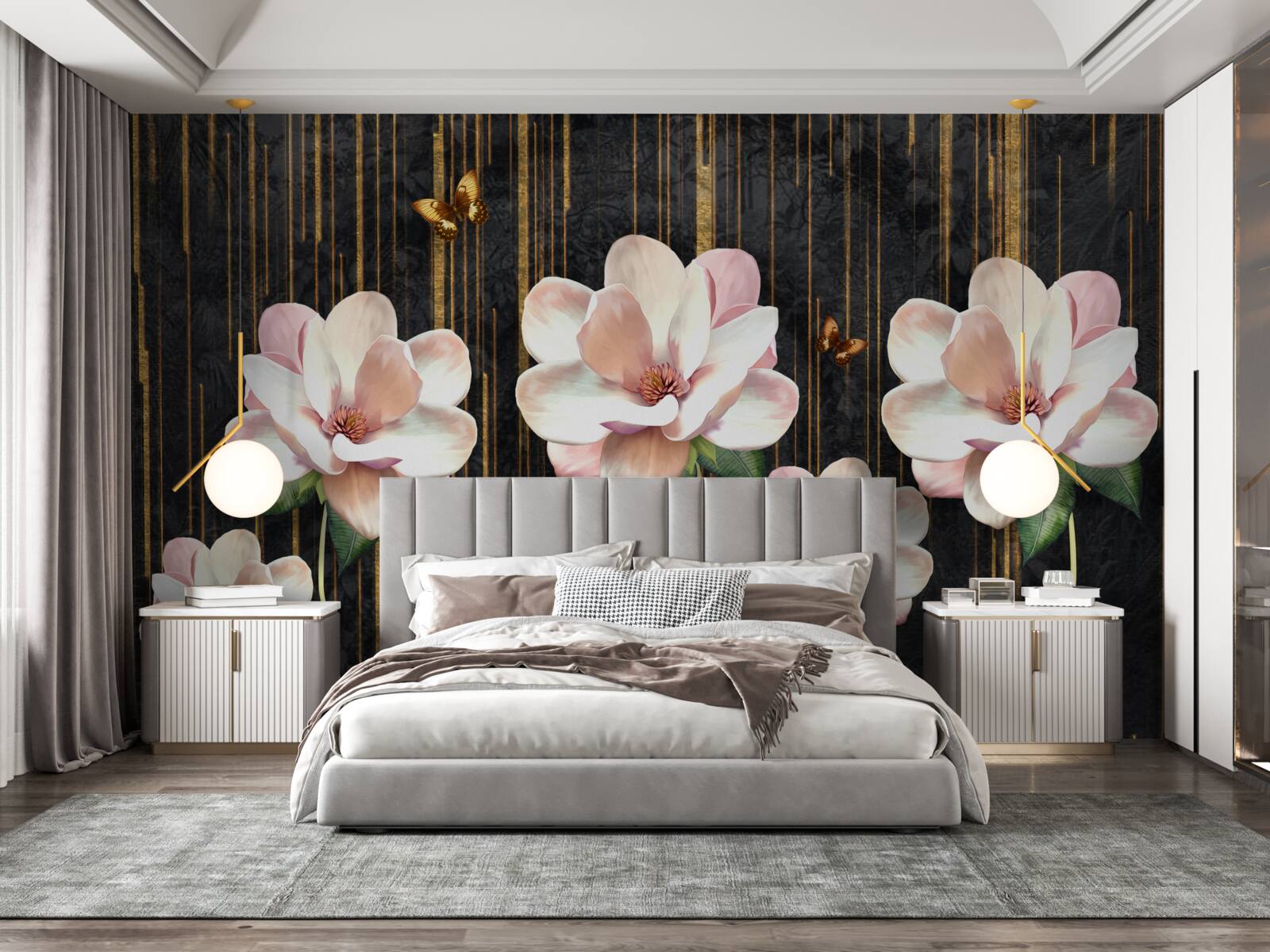 Fototapeta motýle a kvety na čiernom zlatom pozadí