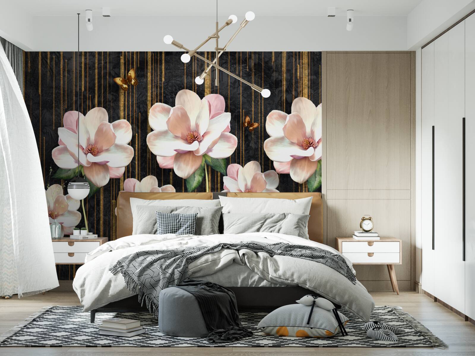 Fototapeta motýle a kvety na čiernom zlatom pozadí