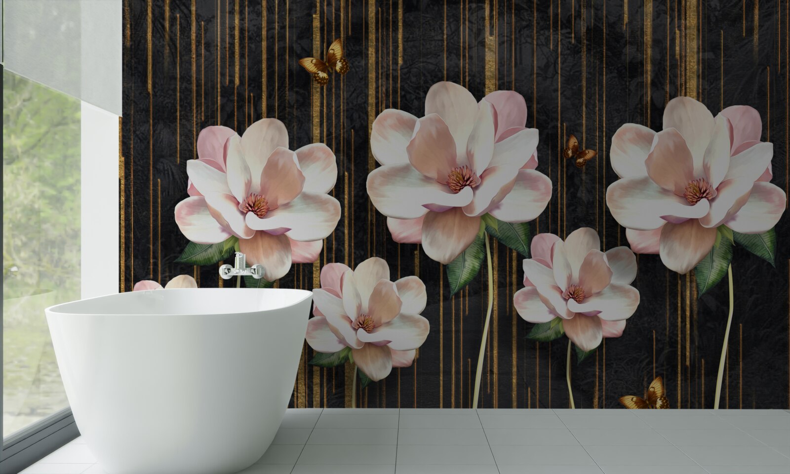 Fototapeta motýle a kvety na čiernom zlatom pozadí