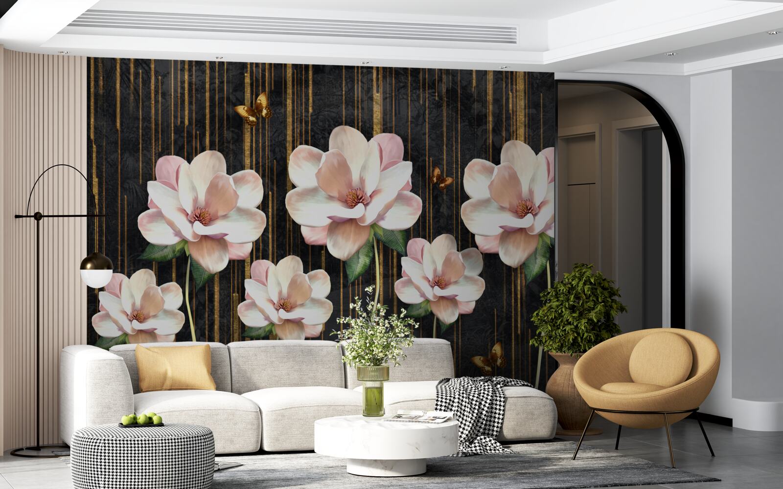 Fototapeta motýle a kvety na čiernom zlatom pozadí