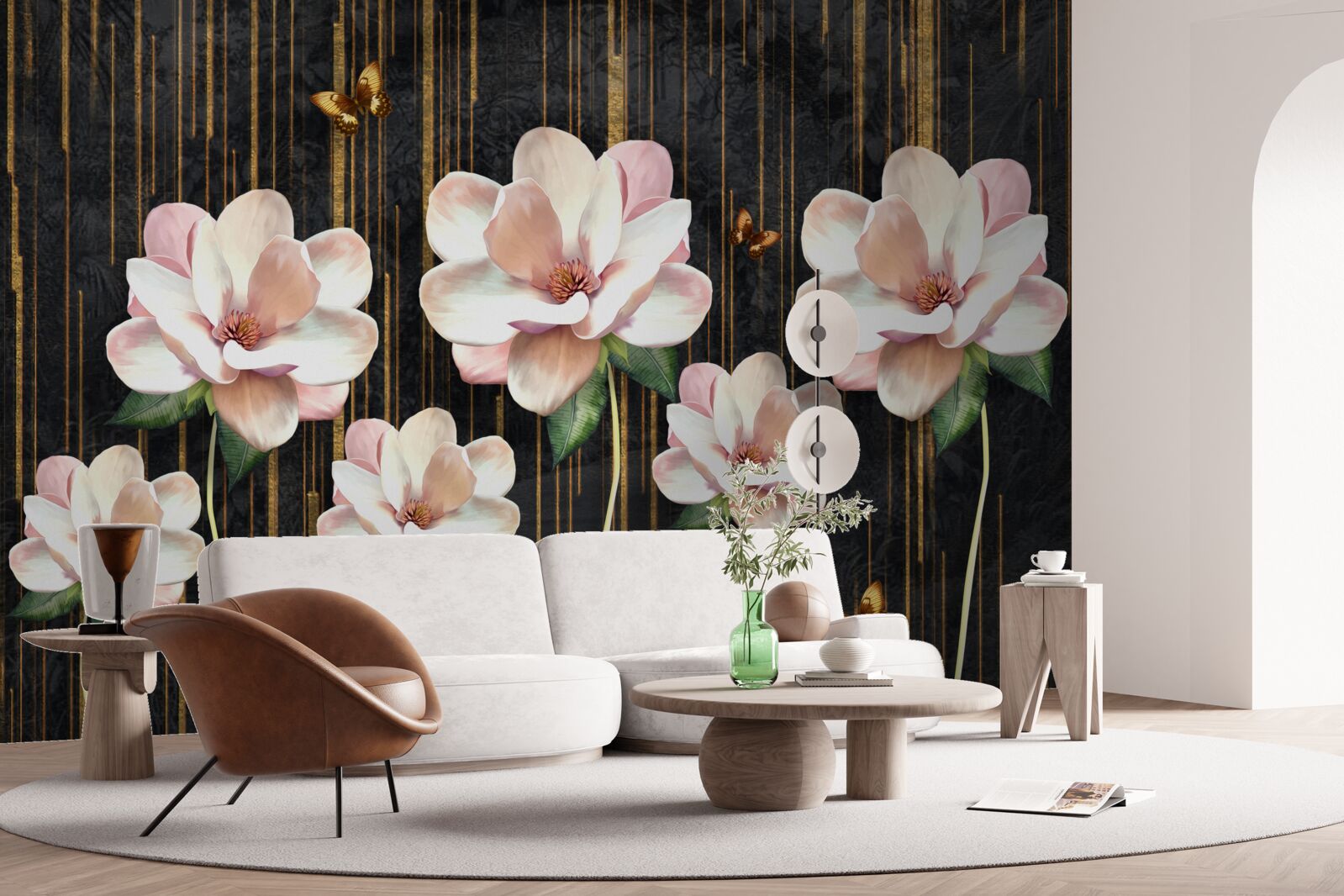 Fototapeta motýle a kvety na čiernom zlatom pozadí