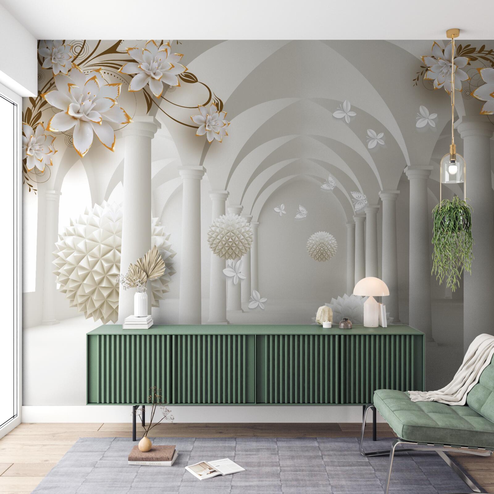 Fototapeta Chodba v gotickom štýle zdobená plávajúcimi guľami a kvetmi