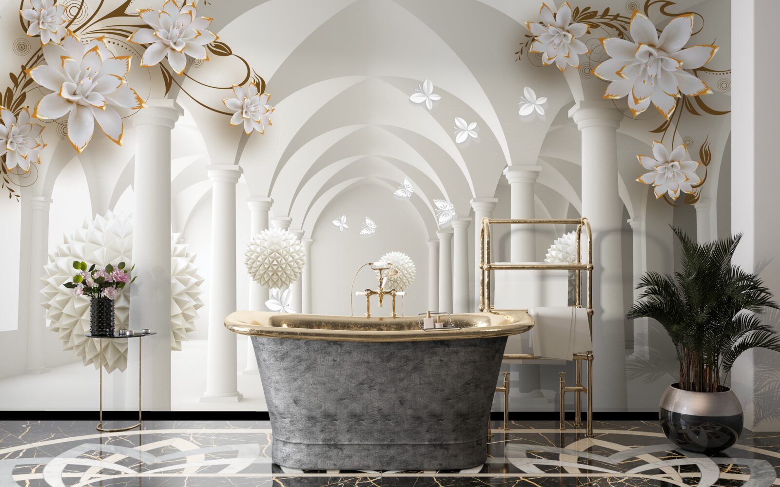 Fototapeta Chodba v gotickom štýle zdobená plávajúcimi guľami a kvetmi