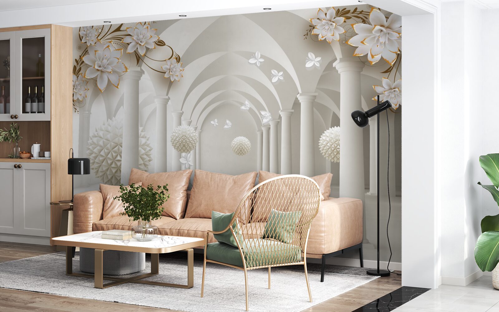 Fototapeta Chodba v gotickom štýle zdobená plávajúcimi guľami a kvetmi