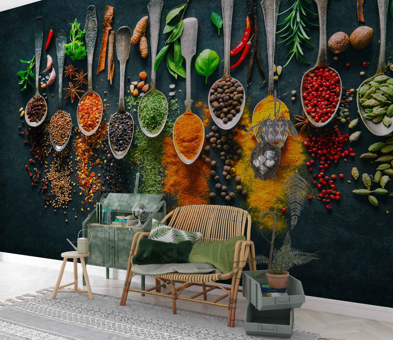 Fototapeta rôzne koreniny usporiadané v lyžičkách