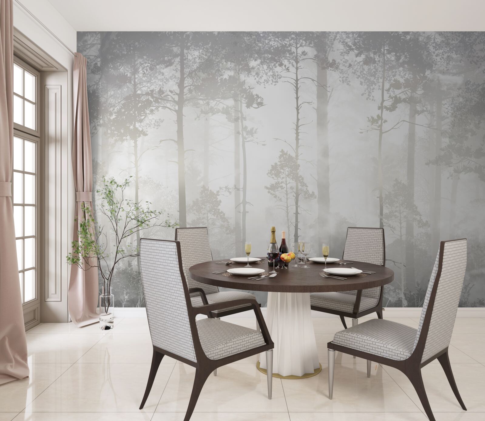 Fototapeta hmlistý les je posiaty vysokými borovicami ako v rozprávke